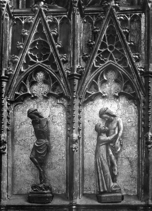 Flügelaltar : Flügelaltar. Holz, geschnitzt (um 1301/1331). Kreuzigung und Kreuzabnahme. Oberwesel, Pfarrkirche Unserer Lieben Frauen