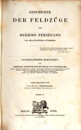 Geschichte der Feldzüge des Herzogs Ferdinand von Braunschweig-Lüneburg : nachgelassenes Manuscript. 2