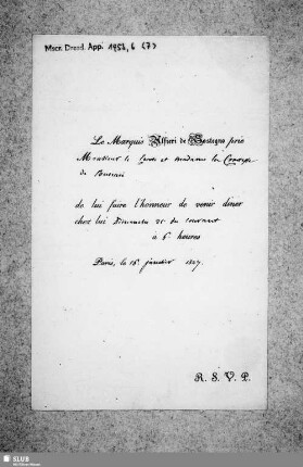 Nr. 7: Von Marquis Alfieri di Sostegno - dat. Paris, 16.01.1827.