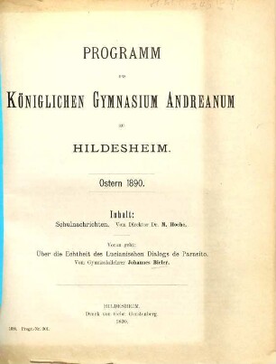 Programm des Königlichen Gymnasium Andreanum zu Hildesheim : Ostern .... 1889/90