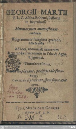 Georgii Martii P. L. C. Ascha-Bohemi, Pastoris in Bayrsdorff, Mnemosynon onomasticum continens