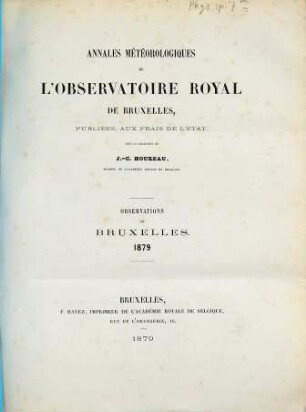 Annales météorologiques de l'Observatoire Royal de Bruxelles. 13. 1879