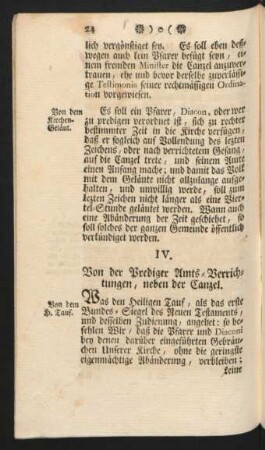IV. Von der Prediger Amts-Verrichtungen, neben der Canzel.
