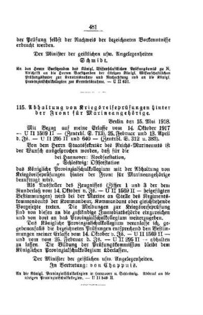 Abhaltung von Kriegsreifeprüfungen hinter der Front für Marineangehörige : [E. Höhere Lehranstalten für die männliche Jugend]