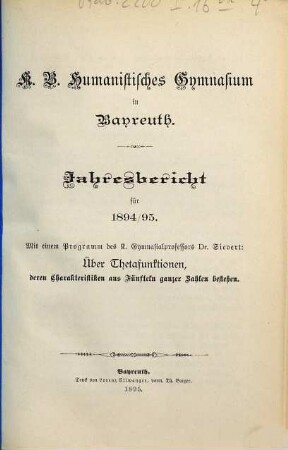 Jahresbericht : für das Schuljahr ... 1894/95