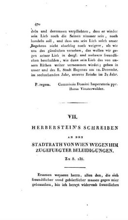 VII. Herberstein's Schreiben an den Stadtrath von Wien wegen ihm zugefügter Beleidigungen