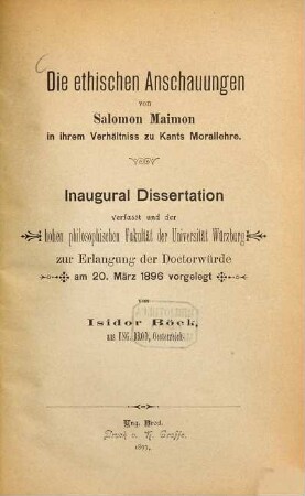 Die ethischen Anschauungen von Salomon Maimon in ihrem Verhältniss zu Kants Morallehre