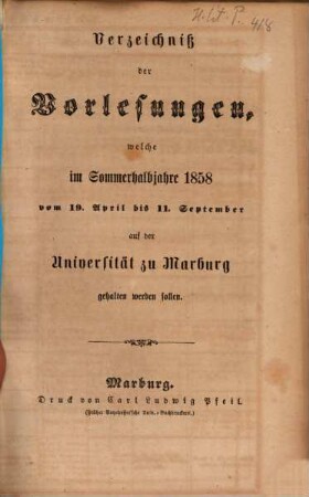 Verzeichnis der Vorlesungen. 1858. SH.