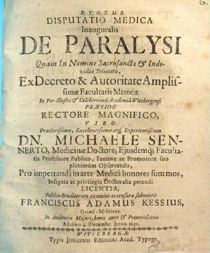 Disputatio Medica Inauguralis De Paralysi