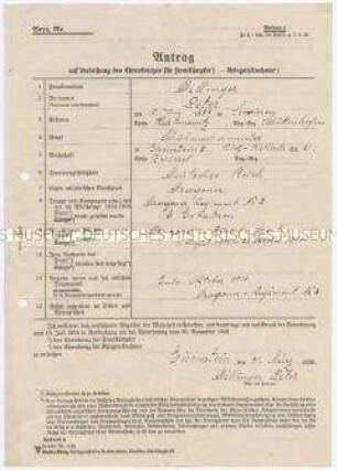 Antrag eines Sudetendeutschen auf Verleihung des Ehrenkreuzes für Frontkämpfer