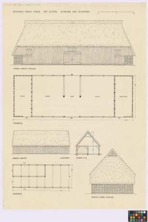 Schinkel (Kreis Stade): Hof Elfers. - Scheune (Süd-Ost-Seiten-Ansicht, Grundriss, Nord-Ost-Giebel-Ansicht). - Schuppen (Süd-Ost-Seiten-Ansicht, Querschnitt A-B, Grundriss).