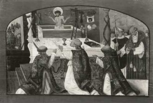 Messe des Heiligen Gregor : Gemälde "Messe des Heiligen Gregor" (um 1520, Predella eines Altars?). Riesa-Pausitz, Dorfkirche