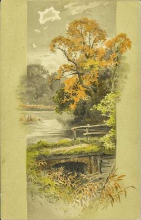 [herbstlicher Baum bei einem See]