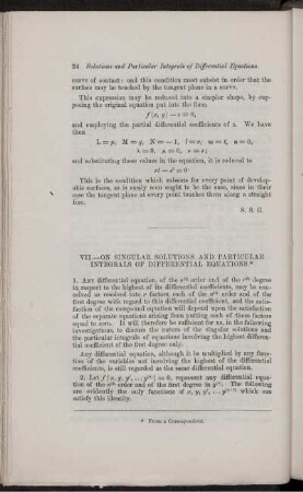 VII. - On singular solutions and particular integrals of differential equations.