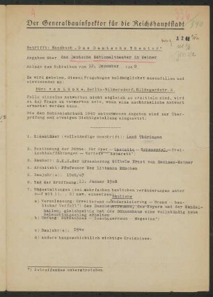 Hoftheater, Weimar: Fragebogen für das Handbuch »Das Deutsche Theater«, vierseitiges Dokument