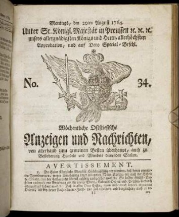 No. 34. Montags, den 20ten August 1764.