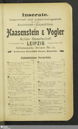 Inserate. Alphabetisches Verzeichnis
