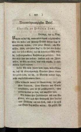 Neunundzwanzigster Brief. Clarissa an Fräulein Howe. - Einunddreyßigster Brief. Fräulein Howe an Clarissa.