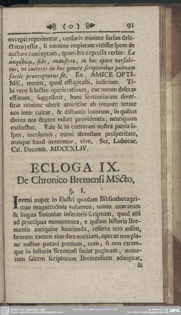 Ecloga IX. De Chronico Bremensi MScto
