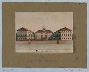 Die Calberlasche Zuckersiederei (ab 1856 Hotel Bellevue) an der Elbe nordwestlich des Italienischen Dörfchens in Dresden