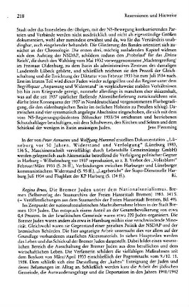 Bruss, Regina :: Die Bremer Juden unter dem Nationalsozialismus, (Veröffentlichungen aus dem Staatsarchiv der Freien Hansestadt Bremen, 49) : Bremen, Staatsarchiv, 1983