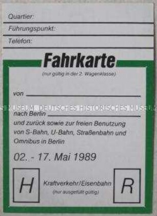Fahrkarte (blanko) für Eisenbahn und BVG für Organisatoren des Pfingsttreffens der FDJ in Berlin