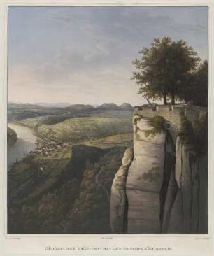 Südöstliche Aussicht von der Festung Königstein, mehrfarb. Lithogr., um 1839 : Südöstliche Aussicht von der Festung Königstein / gez. v. L. v. Schirnding. Lith. v. W. Arldt. - [Dresden] : L. Zöllner , [1839]. - 1 Kunstblatt : mehrfarb. Lithogr. ; 49 x 56 cm