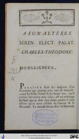 A Son Altesse Sérén. Elect. Palat. Charles-Théodore.