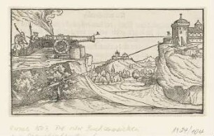 Zwei Kanonen auf Burg gerichtet, Blatt aus: Walther Hermann Ryff’s "Architektur", Nürnberg 1547