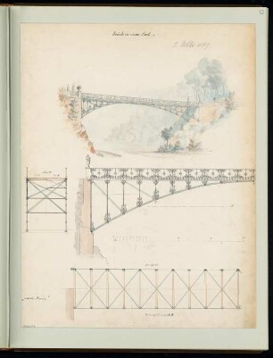 Eiserne Fußgängerbrücke Monatskonkurrenz Oktober 1867: Grundriss (Ober- und Untersicht), Aufriss Seitenansicht, perspektivische Ansicht, Querschnitt; Maßstabsleiste