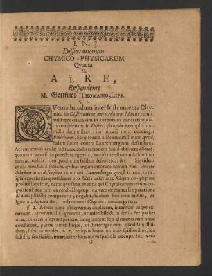 Dissertationum Chymico-Physicarum Quarta De Aere ...
