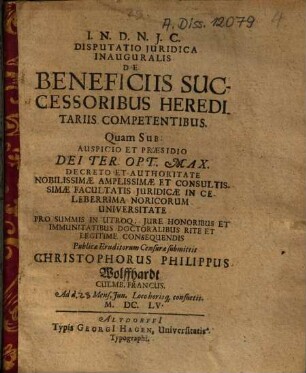 Disputatio Iuridica Inauguralis De Beneficiis Successoribus Hereditariis Competentibus