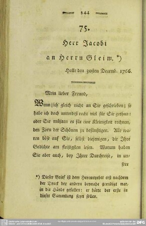 75. Herr Jacobi an Herrn Gleim. Halle den 30sten Decemb. 1766