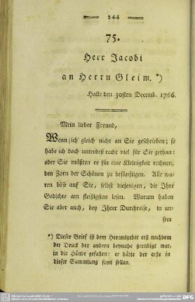 75. Herr Jacobi an Herrn Gleim. Halle den 30sten Decemb. 1766