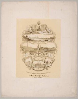 Festblatt anlässlich des 25-jährigen Eröffnungsjubiläums der ersten deutschen Gasanstalt in Dresden im Jahr 1853, mit sechs Darstellungen.
