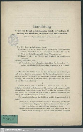 Einrichtung der mit der Königl. polytechnischen Schule verbundenen Abtheilung für Modelliren, Ornament- und Musterzeichnen : nach dem Organisationsplane vom 31. Januar 1865.