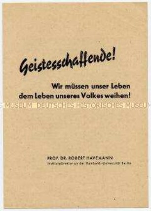 Sonderdruck der Stellungnahme von Robert Havemann für den Kulturbund zur Erklärung der Regierung Grotewohl gegen die Pariser Verträge, mit Kampfaufruf gegen Atomwaffenstationierung