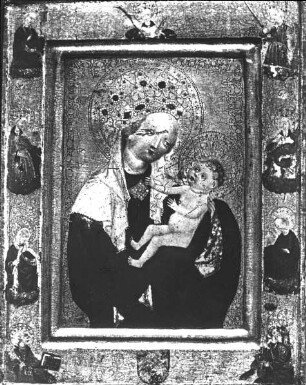 Köln, Madonna, mit 9 Heiligen auf Rahmen, Wallraf-Richartz-Museum, aus Slg. Schnütgen, böhmisch