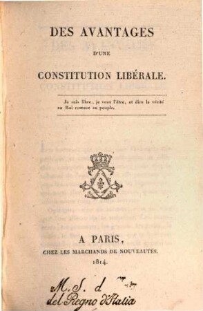 Des avantages d' une constitution libérale