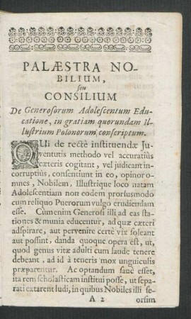 Palaestra Nobilium, seu Consilium. De Generosorum Adolescentum Educatione, in gratiam quorundam Illustrium Polonorum conscriptum.