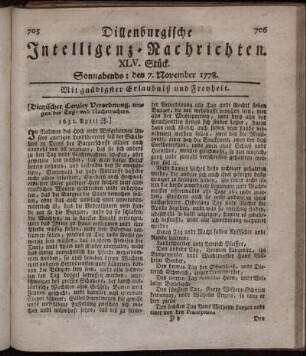 XLV. Stück. Sonnabends: den 7. November 1778.