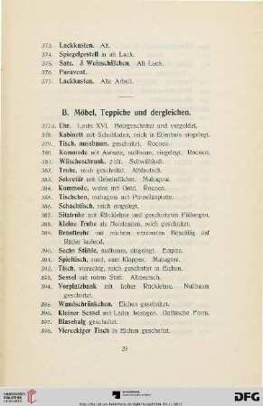 B. Möbel, Teppiche und dergleichen (Nr. 377a-434)