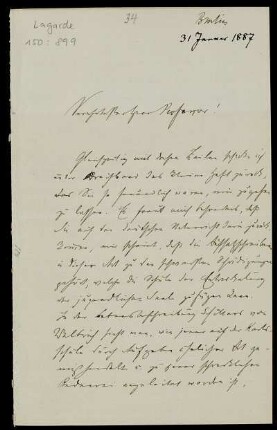 Nr. 2: Brief von Friedrich Paulsen an Paul de Lagarde, Berlin, 31.1.1887
