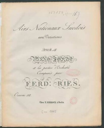 Airs Nationaux Suedois avec Variations : Pour Le Piano-Forte et les parties d'Orchestre ; Oeuvre 52.