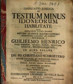 Dissertatio Iuridica De Testium Minus Idoneorum Habilitate