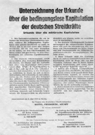 Flugblatt der Alliierten mit dem Wortlaut der Urkunde über die Kapitulation der deutschen Streitkräfte