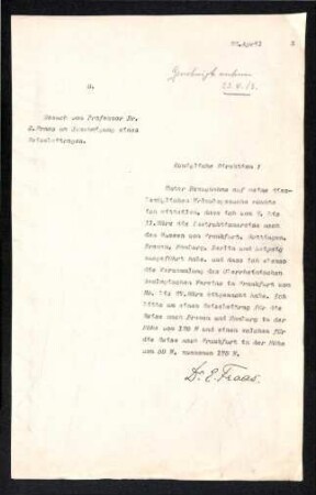 Antrag auf Reisekostenerstattung von Eberhard Fraas 1913.