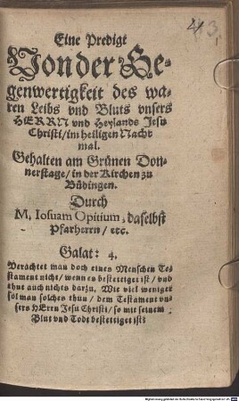 Predigt von der Gegenwärtigkeit des Leibes Jesu im heiligen Nachtmal