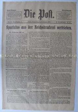 Abendausgabe der Tageszeitung "Die Post" zu den revolutionären Kämpfen in Berlin, mit ganzseitigem Aufruf der Deutschnationalen Volkspartei