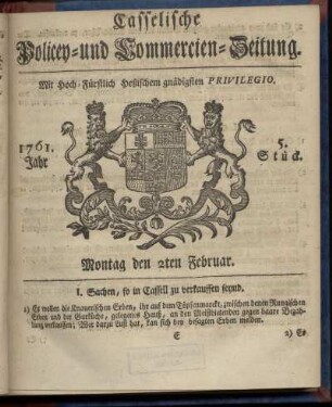 5. Stueck, Montag den 2ten Februar 1761